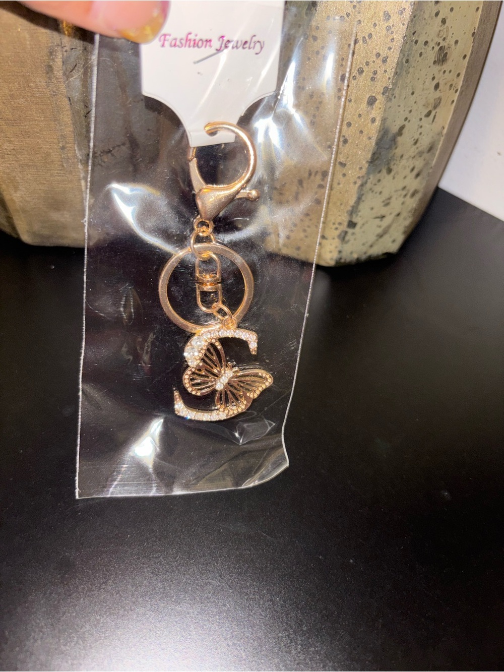 Fashion Jewelry Rose Gold Butterfly “S”Initial Key & Card Holder Charm